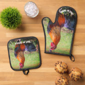 Rooster Crowing Boerderij Dierlijk gepersonaliseer Ovenwant & Pannenlap Set (Top down)