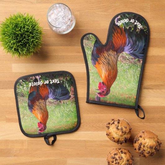 Rooster Crowing Boerderij Dierlijk gepersonaliseer Ovenwant & Pannenlap Set (Top down)