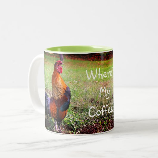 Rooster Crowing Where's My Coffee Funny Tweekleurige Koffiemok (Voorkant links)