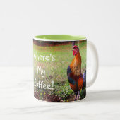 Rooster Crowing Where's My Coffee Funny Tweekleurige Koffiemok (Voorkant rechts)