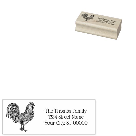 Rooster Drawing Lithograph #1 Naam Retouradres Rubberstempel (Gestempeld)