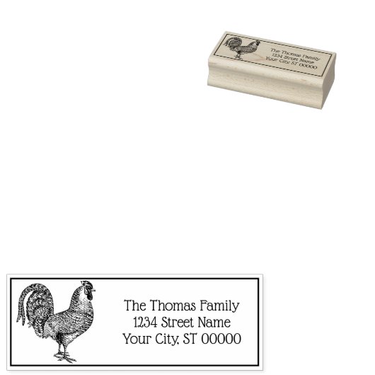 Rooster Drawing Lithograph #1 Naam Retouradres Rubberstempel (Gestempeld)