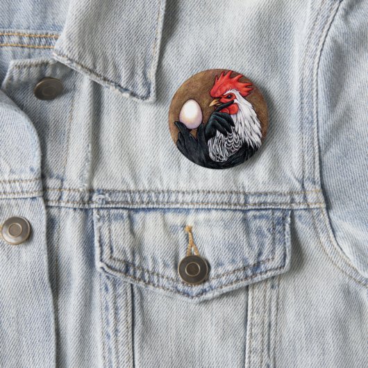 Rooster Egg Drawing Chicken Philosopher Ronde Button 5,7 Cm (In situ)