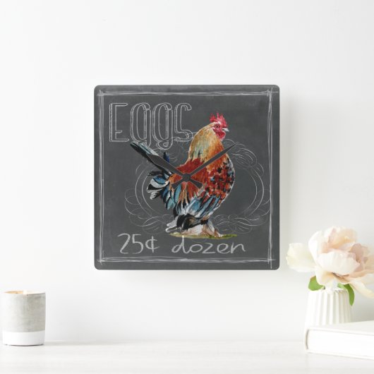 Rooster Eggs On Chalkboard Vierkante Klok (Huis)