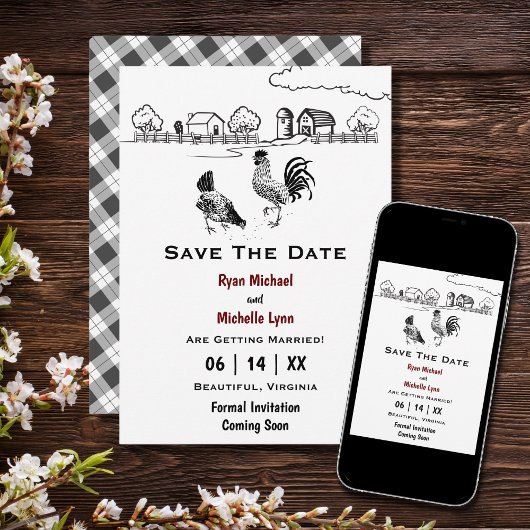 Rooster en Hen Chicken Country Boerderij Wedding Save The Date
