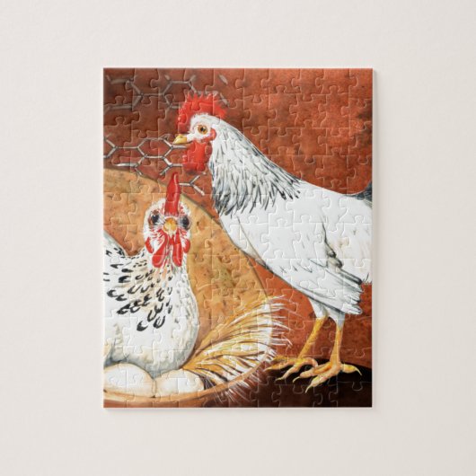 Rooster en Hen met eieren op de Nest Handbeschilde Legpuzzel (Verticaal)