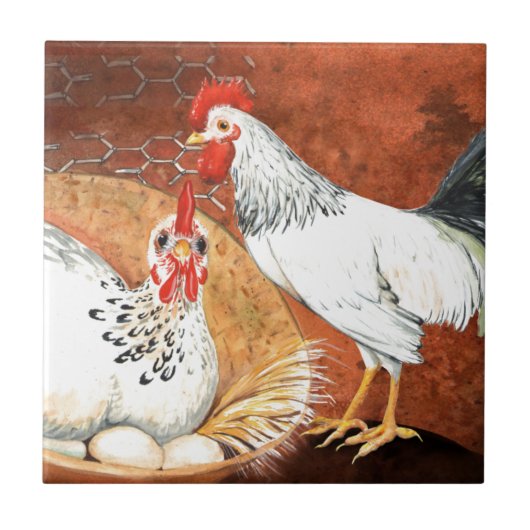 Rooster en Hen met eieren op de Nest Handbeschilde Tegeltje (Voorkant)