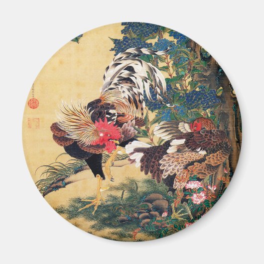 Rooster en Hen met Hydrangeas door Ito Jakuchu Magneet (Voorkant)