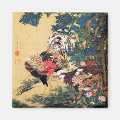 Rooster en Hen met Hydrangeas door Ito Jakuchu Magneet (Voorkant)