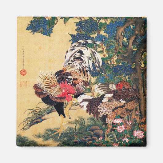 Rooster en Hen met Hydrangeas door Ito Jakuchu Magneet (Voorkant)