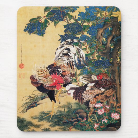 Rooster en Hen met Hydrangeas door Ito Jakuchu Muismat (Voorkant)
