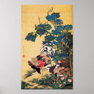 Rooster en Hen met Hydrangeas door Ito Jakuchu Poster