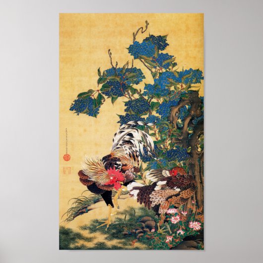 Rooster en Hen met Hydrangeas door Ito Jakuchu Poster (Voorkant)