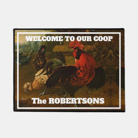 Rooster en Hens "Welkom bij onze coop" Doormat Deurmat (Voorkant)