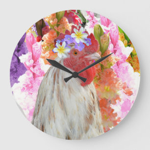 Rooster en Hollyhock Flowers Grote Klok