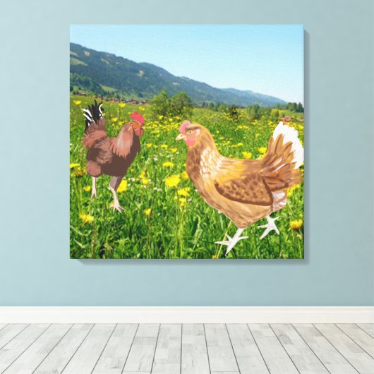 Rooster en kip 1 canvas afdruk (Insitu (Houten vloer))