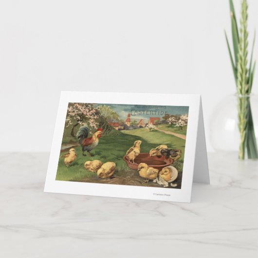 Rooster en kippen feestdagen kaart (Voorkant)