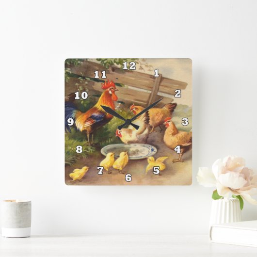 rooster en kippen Landwandbekleding Vierkante Klok (Huis)
