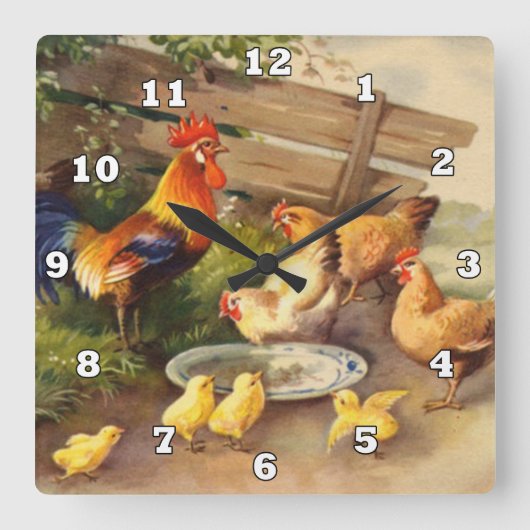  rooster en kippen Landwandbekleding Vierkante Klok (Voorkant)