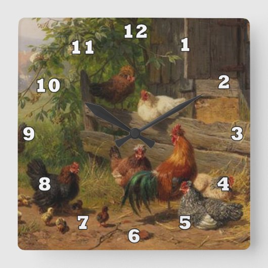  rooster en kippen Landwandbekleding Vierkante Klok (Voorkant)