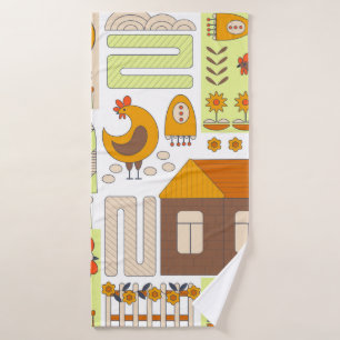 Rooster en twee kippen, eieren, bloemen, huis, tre badhanddoek