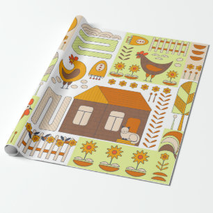 Rooster en twee kippen, eieren, bloemen, huis, tre cadeaupapier