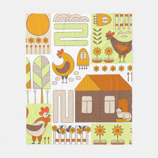 Rooster en twee kippen, eieren, bloemen, huis, tre fleece deken (Voorkant)
