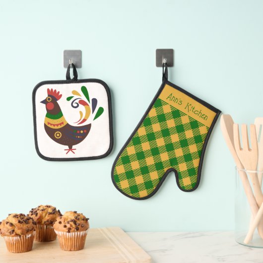 "Rooster" Folk Art Stijl Custom Ovenwant & Pannenlap Set (Insitu(Ophanging))