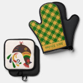 "Rooster" Folk Art Stijl Custom Ovenwant & Pannenlap Set (Voorkant / Achterkant)