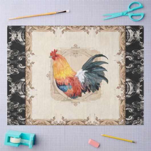 Rooster -Franse Damask Black Decoupage Tiss Tissuepapier (Craft)