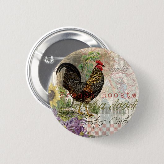  Rooster French Collage Art Ronde Button 5,7 Cm (Voorkant /achterkant)