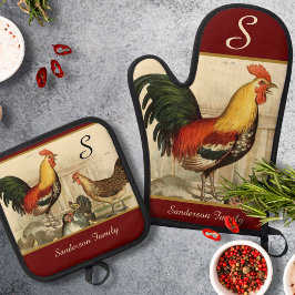  Rooster: Gepersonaliseerd met een monogram naam Ovenwant & Pannenlap Set