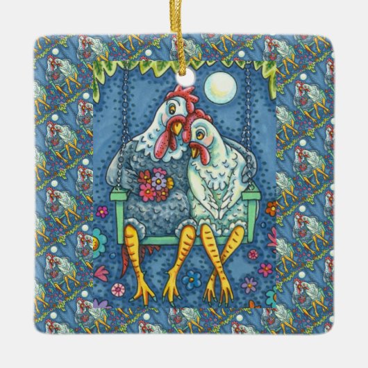 ROOSTER HEN CANOODLES, KUTE KIEZEN ZEETHEARTS KERAMISCH ORNAMENT (Voorkant)