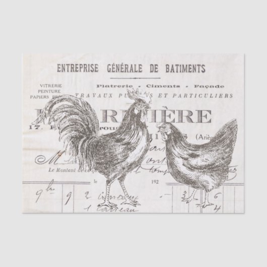 Rooster Hen French Script Ephemera Bird Decoupage Tissuepapier (Voorkant)