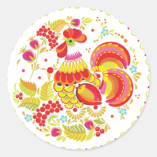 Rooster Hohloma Ronde Sticker (Voorkant)