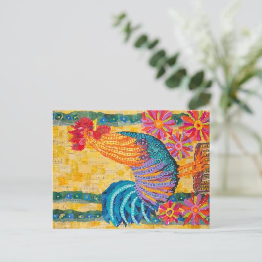 Rooster in de bloemen briefkaart (Staand voorkant)