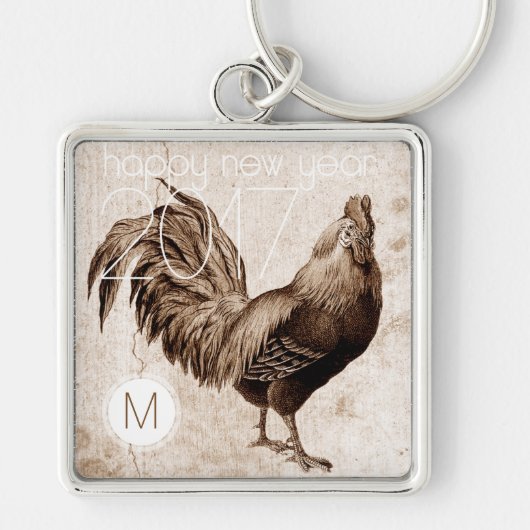  Rooster Jaar 2017 Monogram Vierkante Sleutelhange Sleutelhanger (Voorkant)