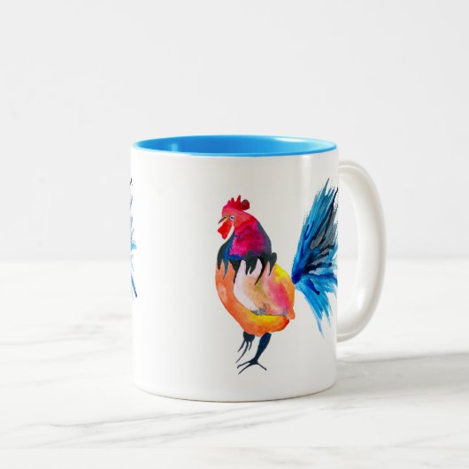 Rooster kleurige waterverf illustratie tweekleurige koffiemok (Voorkant rechts)