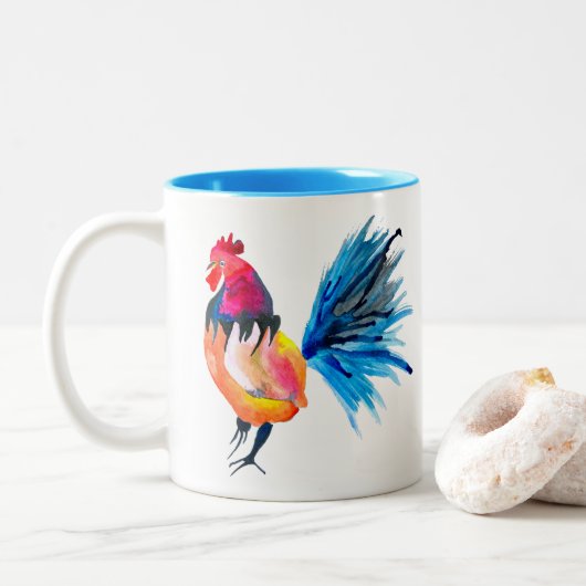 Rooster kleurige waterverf illustratie tweekleurige koffiemok (Met donut)