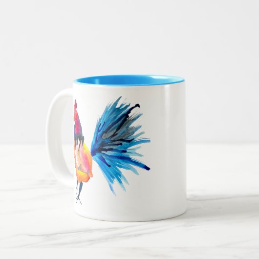 Rooster kleurige waterverf illustratie tweekleurige koffiemok (Voorkant links)