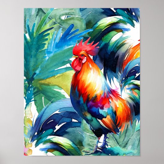 Rooster Kleurrijke Waterverf Poster (Voorkant)