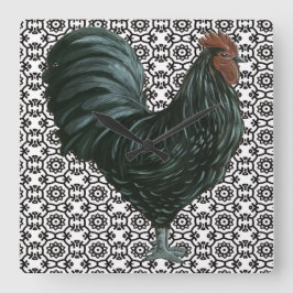 Rooster-klok zwart/wit vierkante klok