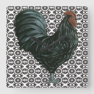 Rooster-klok zwart/wit vierkante klok