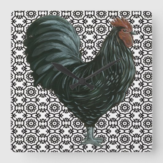 Rooster-klok zwart/wit vierkante klok (Voorkant)