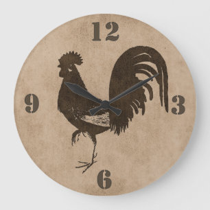 Rooster-landwandklok in Bruin Rustisch Land Grote Klok