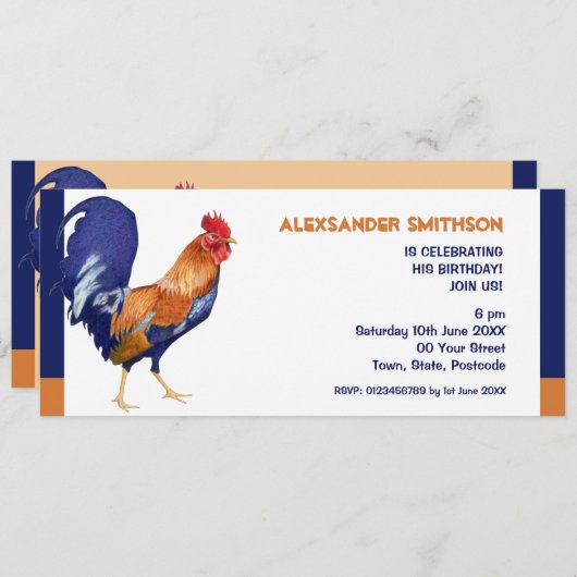 Rooster long Birthday Party Invitation Kaart (Voorkant / Achterkant)