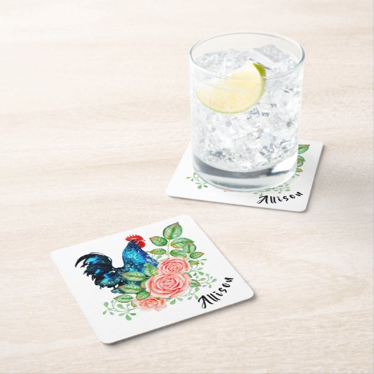 Rooster met bloemen gepersonaliseerd kartonnen onderzetters (Insitu)