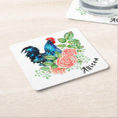 Rooster met bloemen gepersonaliseerd kartonnen onderzetters (Schuin)