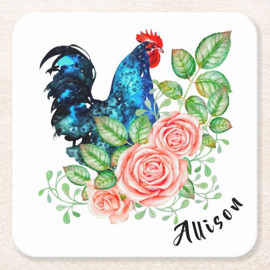 Rooster met bloemen gepersonaliseerd kartonnen onderzetters (Voorkant)