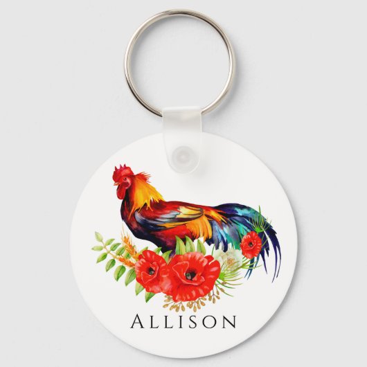 Rooster met bloemen gepersonaliseerd sleutelhanger (Voorkant)